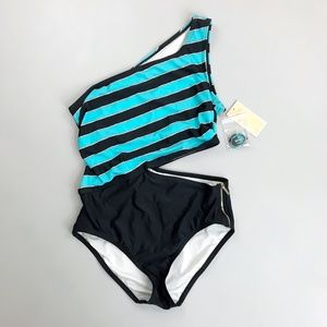 MICHAEL KORS Cruise 2018 Swimsuit SZ 14 NWT One Shoulder Cut-Out Turquoise